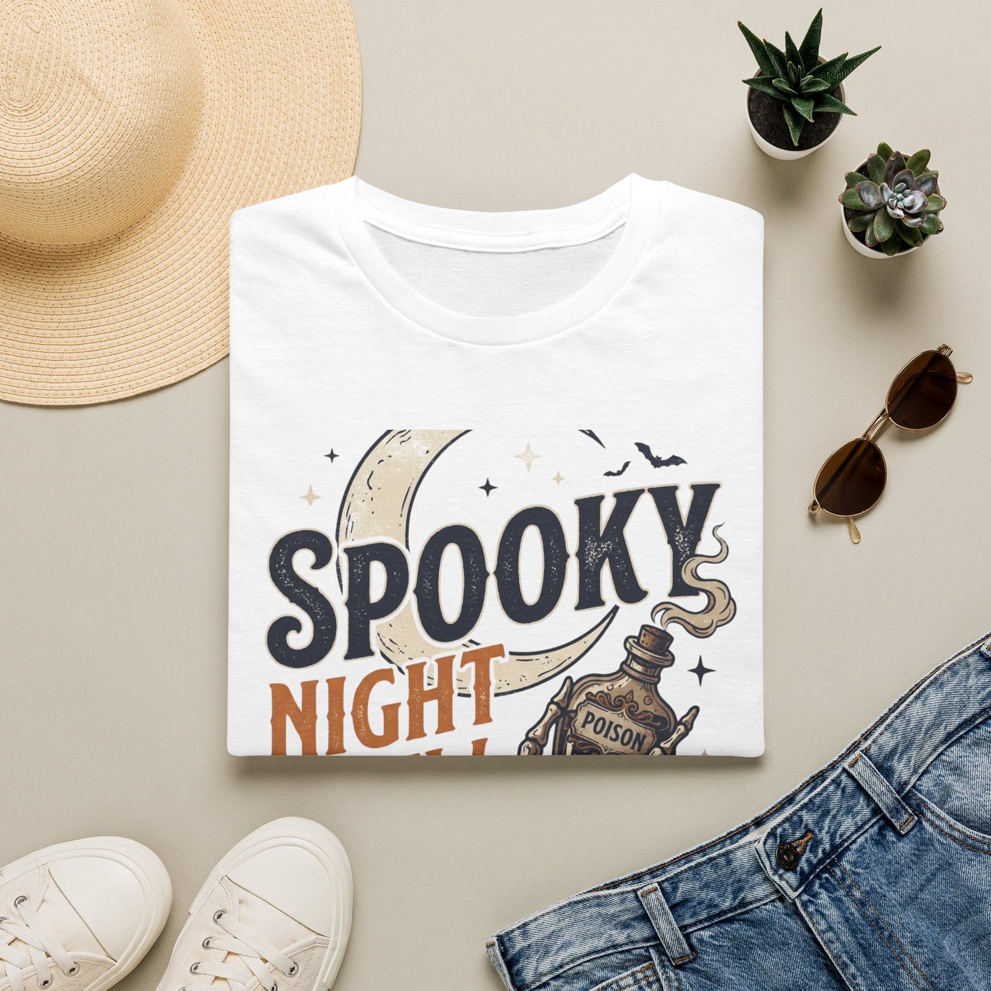 Spooky Night Crew T-Shirt — Halloween Moon, Skeleton & Pumpkins Tee