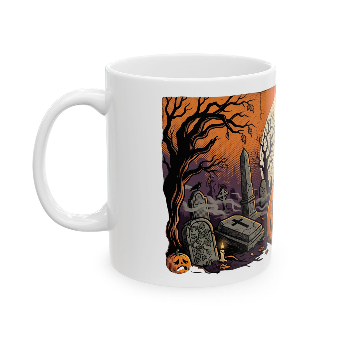 Halloween Pumpkin Mug — Spooky Graveyard Jack-o'-Lantern Ceramic Coffee Cup (11oz/15oz)