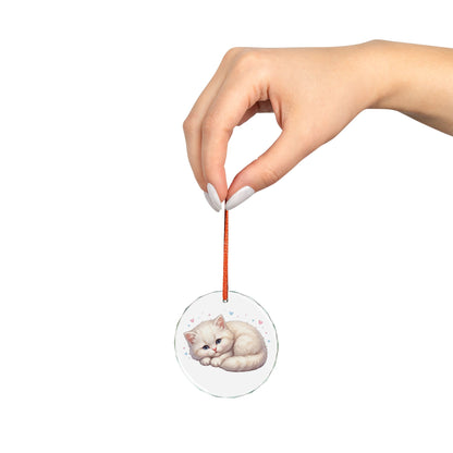 Glass Ornament — Cute Sleeping Kitten Holiday Ornament (Hearts)