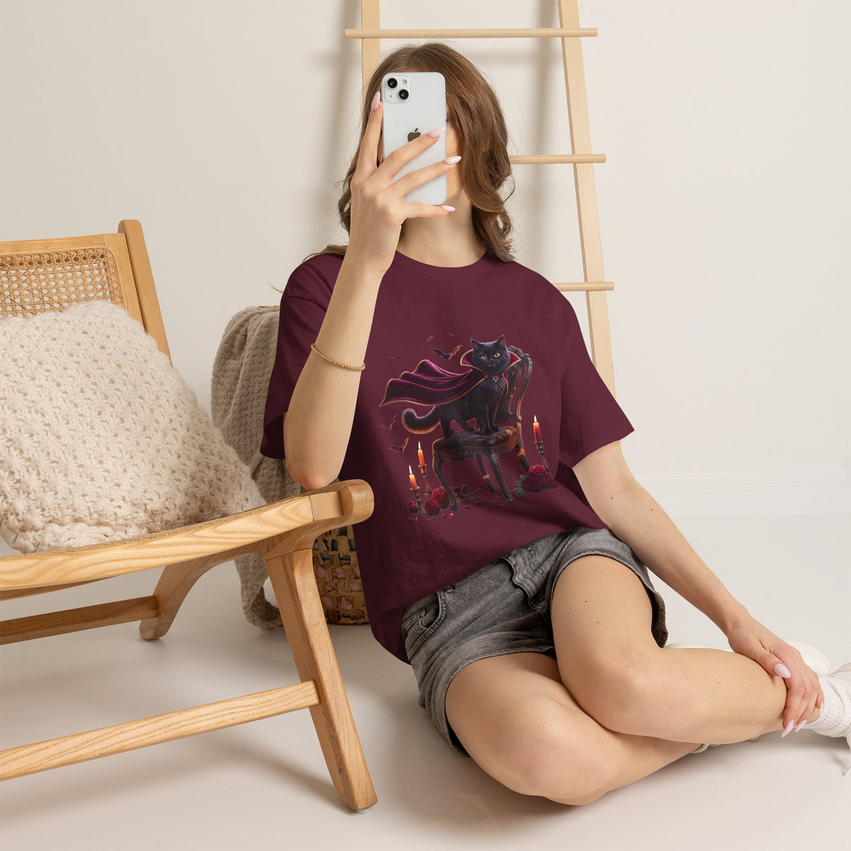 Vampire Cat Tee — Gothic Black Cat with Cape & Candles T-Shirt