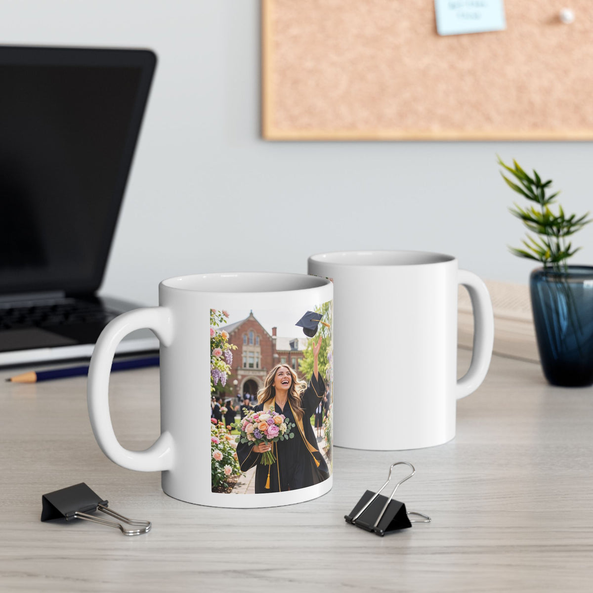 Graduation Mug - "She Did It!" Floral Celebration Ceramic Coffee Cup (11oz & 15oz)