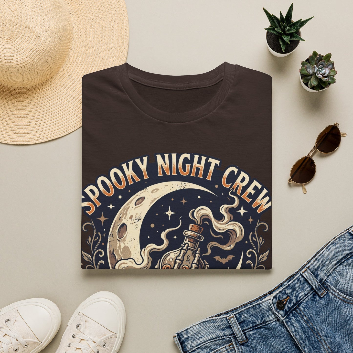 Spooky Night Crew T-Shirt — Vintage Halloween Moon & Skeleton Graphic