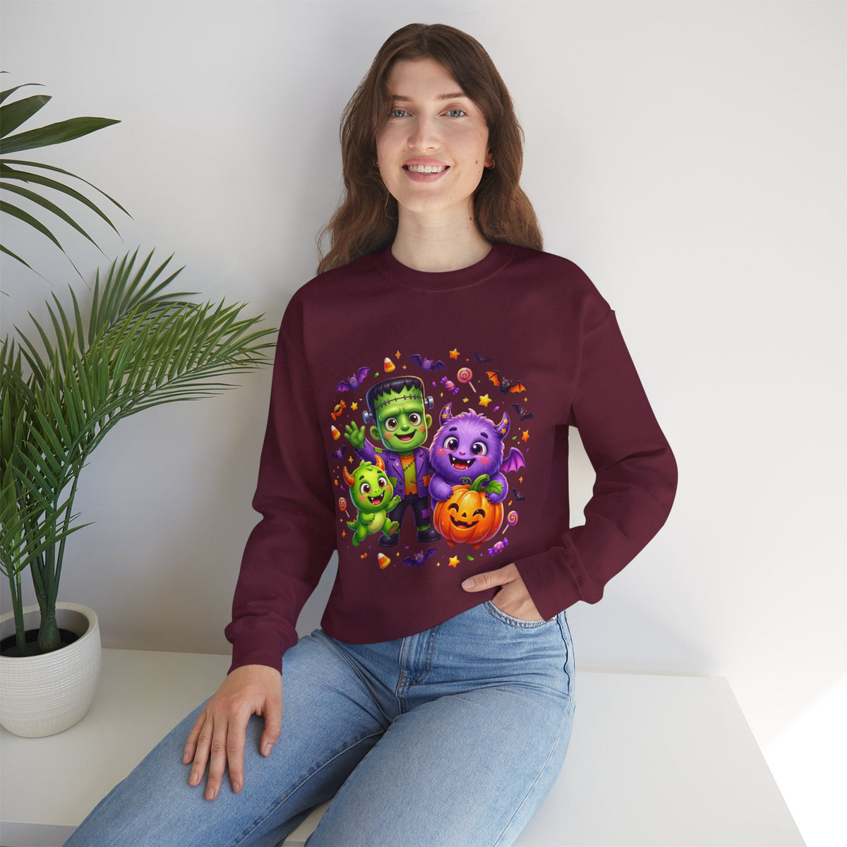 Halloween Monster Crewneck Sweatshirt — Cute Frankenstein, Vampire & Pumpkin Design
