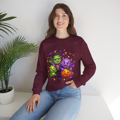 Halloween Monster Crewneck Sweatshirt — Cute Frankenstein, Vampire & Pumpkin Design
