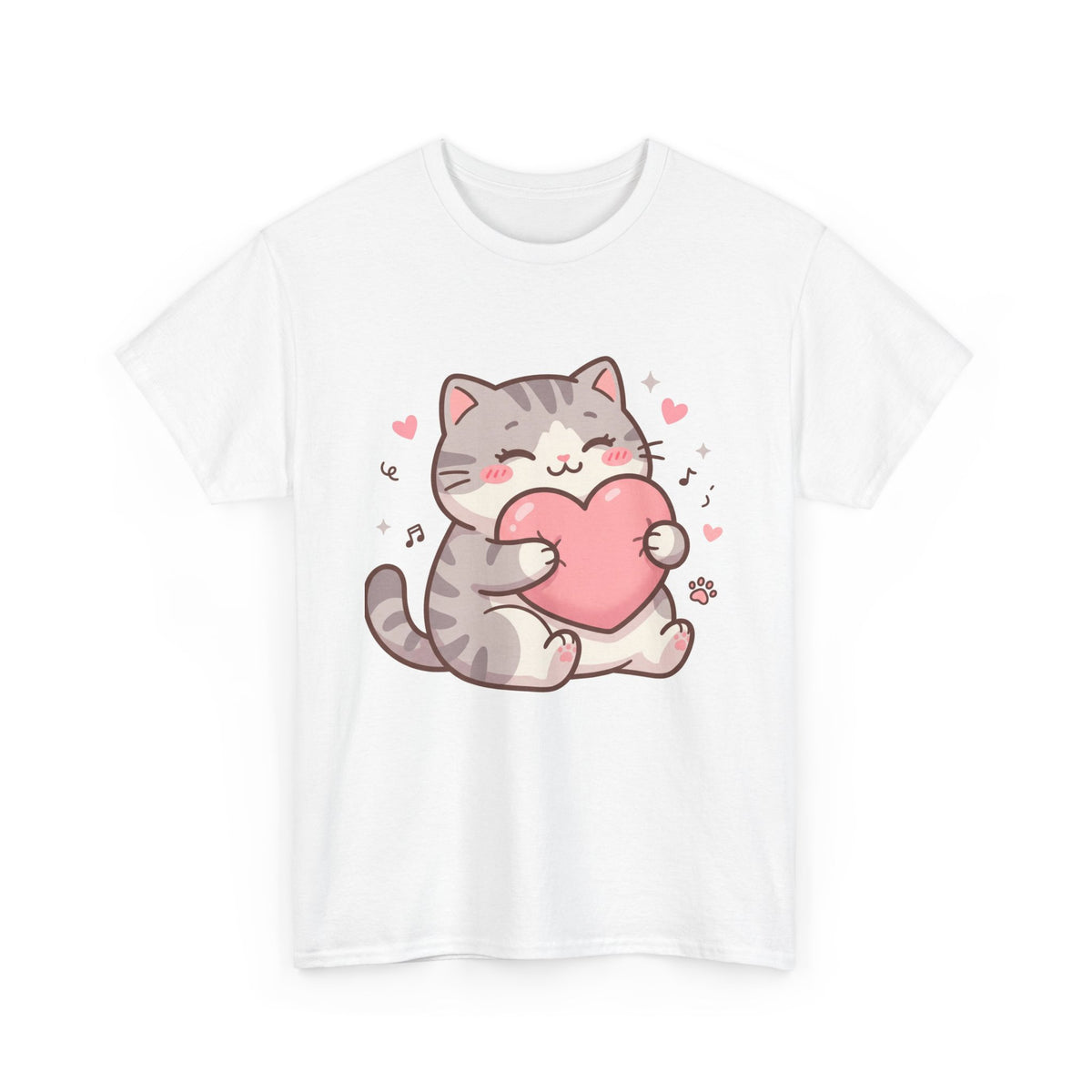 Cute Cat Hugging Heart T-Shirt — Kawaii Valentine Kitty Tee