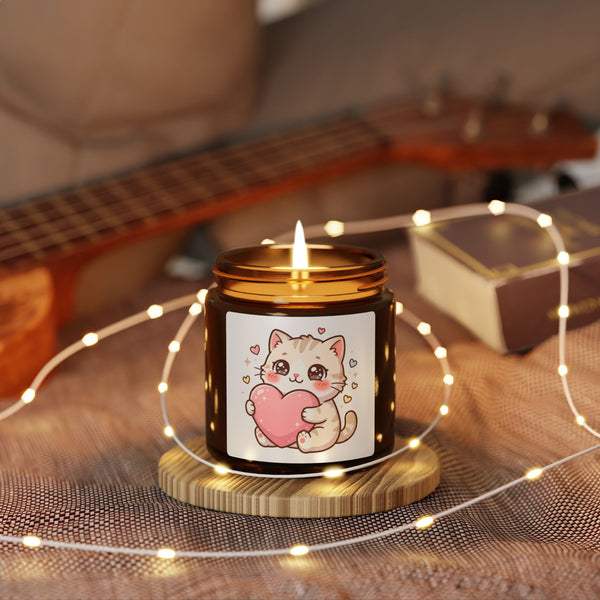 Cute Kitten Heart Soy Candle — Amber Jar Scented Candle (Valentine’s Gift)