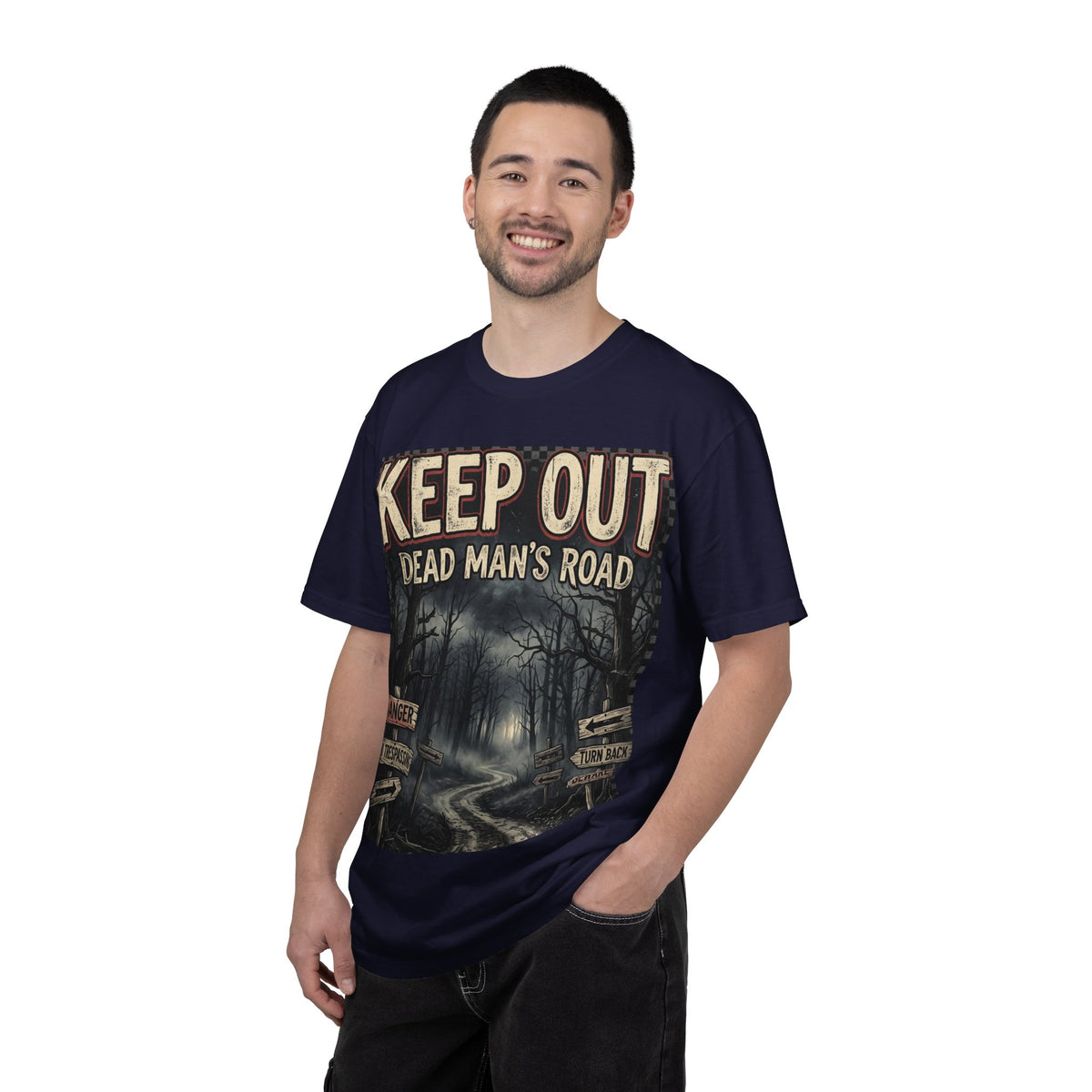 Keep Out "Dead Man's Road" T-Shirt — Spooky Haunted Forest Graphic Tee