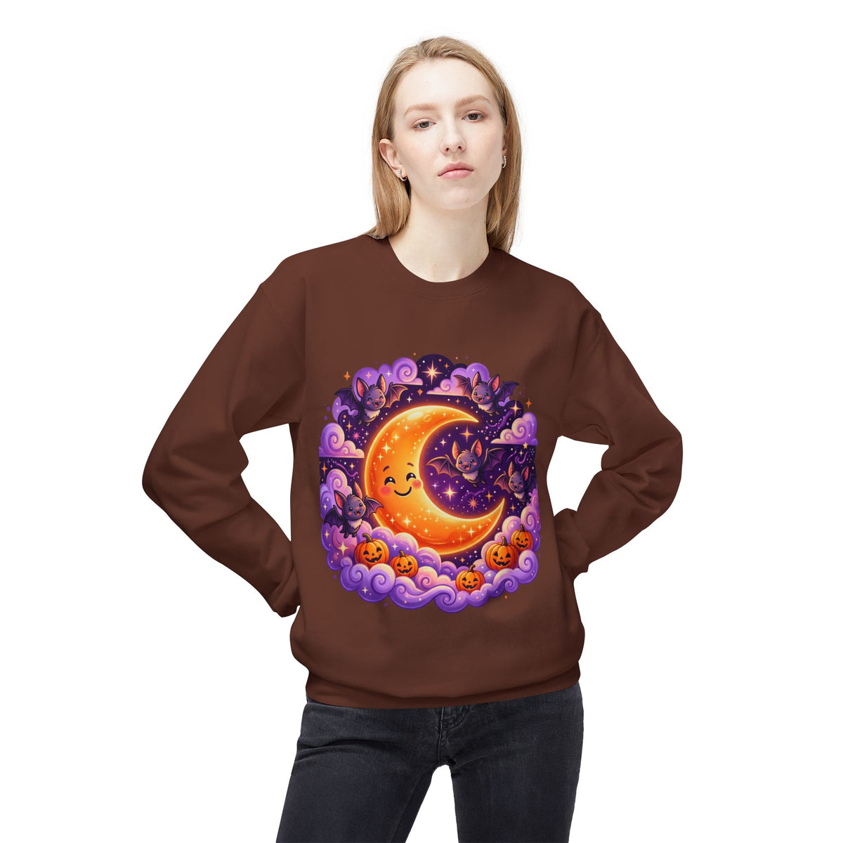 Halloween Moon Crewneck Sweatshirt — Cute Smiling Moon, Pumpkins & Bats Pullover