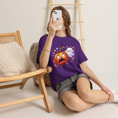 Cute Halloween Pumpkin & Ghost Tee — Scared Pumpkin Candy Graphic T-Shirt