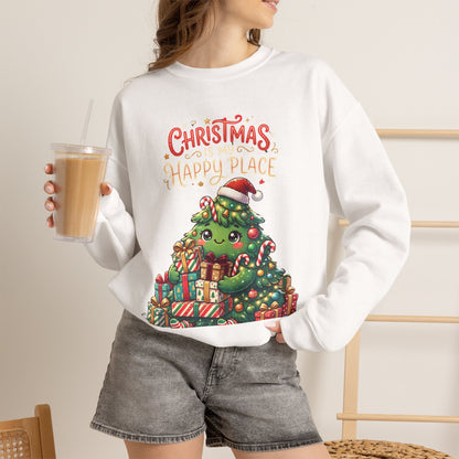 Christmas Happy Place Crewneck Sweatshirt — Cute Kawaii Tree & Gifts Holiday Sweatshirt
