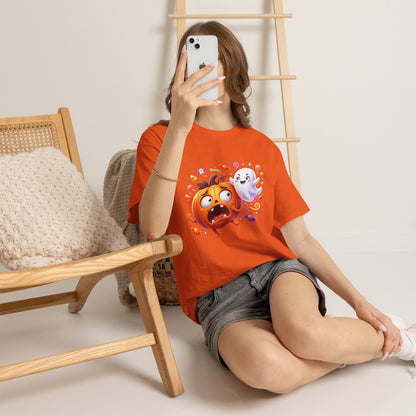 Cute Halloween Pumpkin & Ghost Tee — Scared Pumpkin Candy Graphic T-Shirt