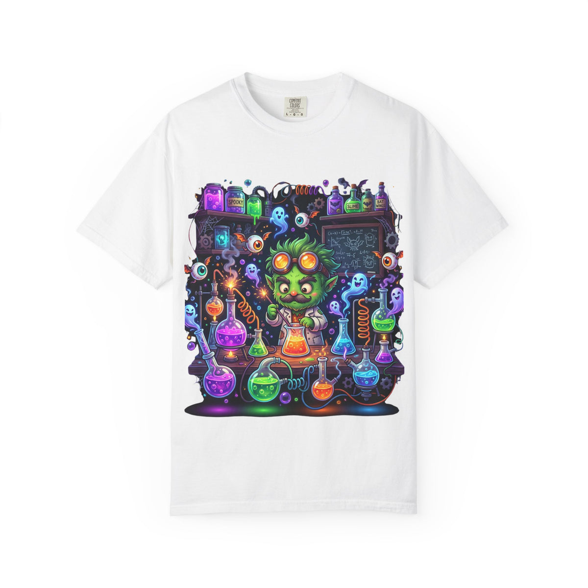 Mad Scientist Cat Lab T-Shirt — Neon Potion Halloween Tee