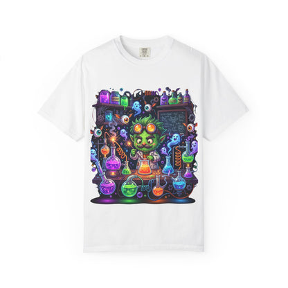 Mad Scientist Cat Lab T-Shirt — Neon Potion Halloween Tee