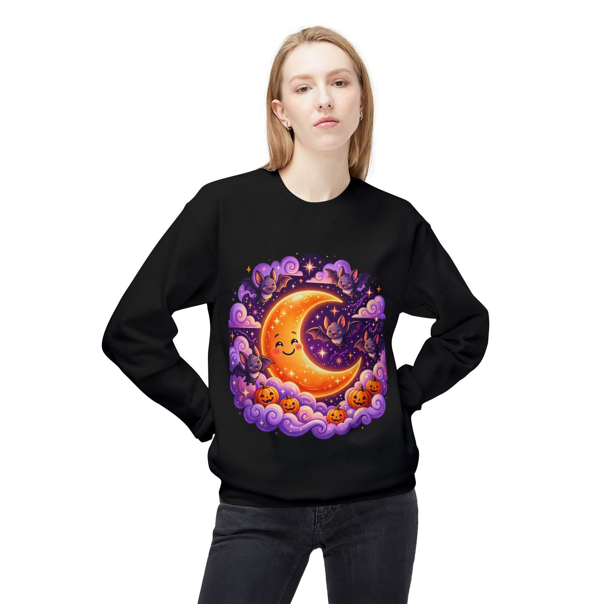 Halloween Moon Crewneck Sweatshirt — Cute Smiling Moon, Pumpkins & Bats Pullover