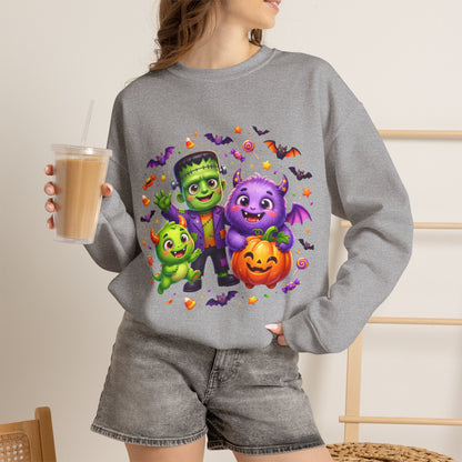 Halloween Monster Crewneck Sweatshirt — Cute Frankenstein, Vampire & Pumpkin Design