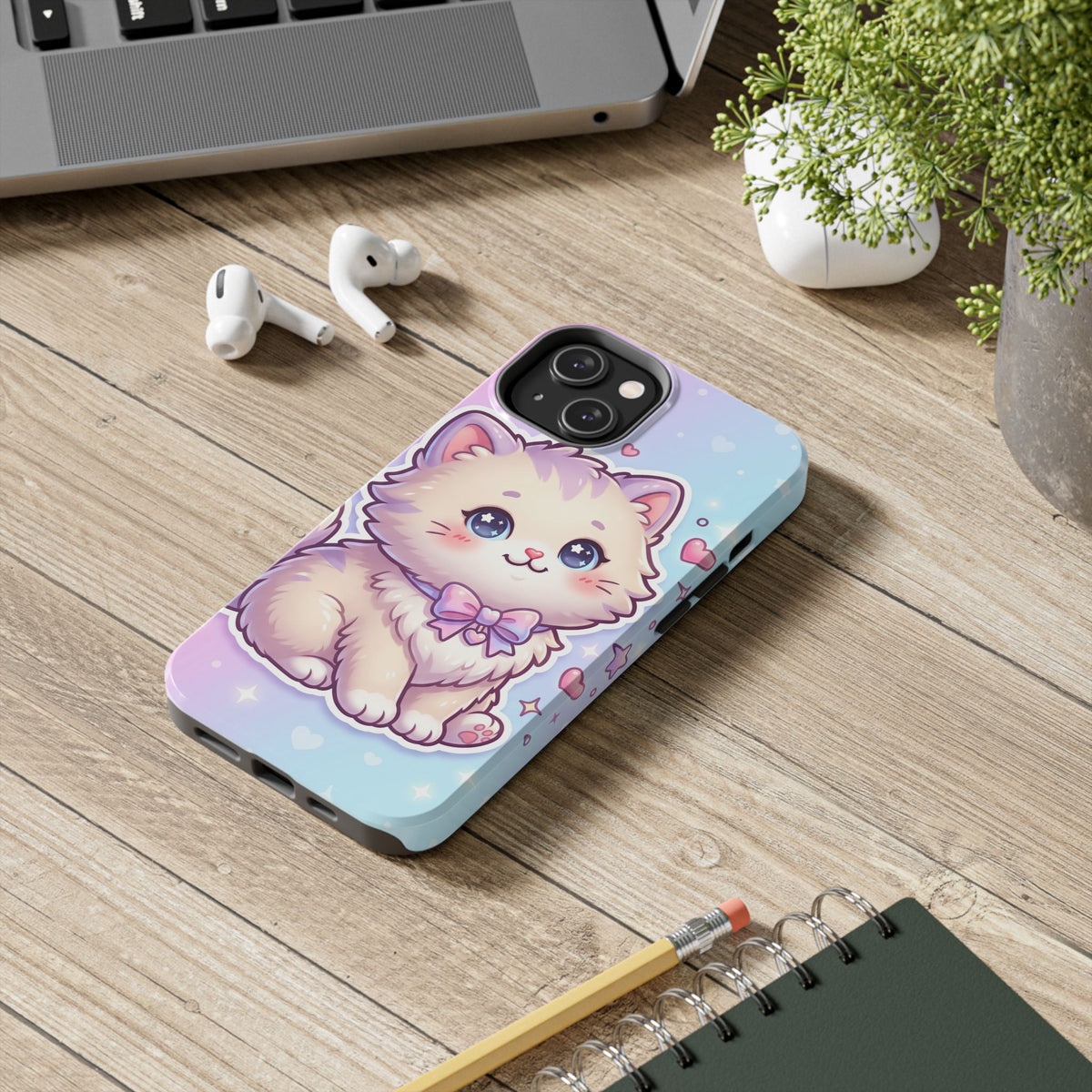 Cute Pastel Kawaii Kitten Tough Phone Case — Cute Cat with Bow Protective Cover