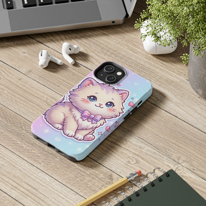Cute Pastel Kawaii Kitten Tough Phone Case — Cute Cat with Bow Protective Cover