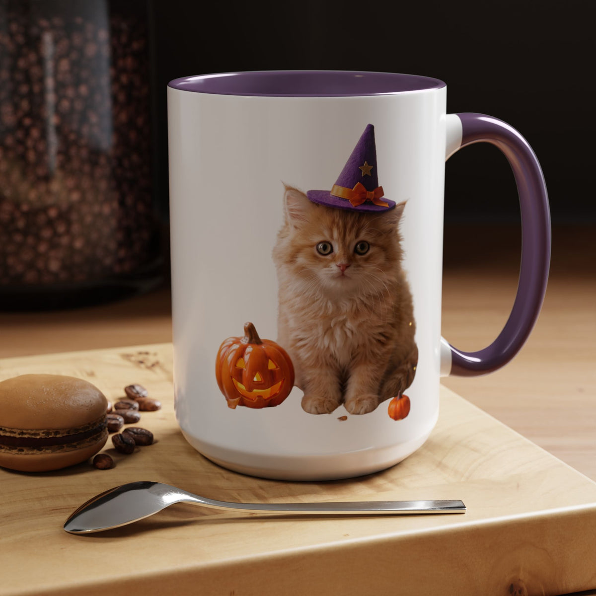 Halloween Cat Coffee Mug with Witch Hat and Pumpkin