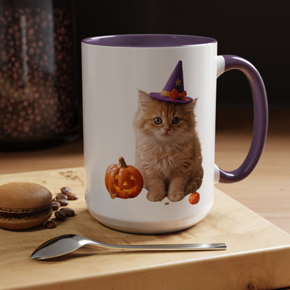 Halloween Cat Coffee Mug with Witch Hat and Pumpkin