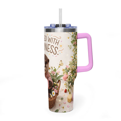 40oz Tumbler – “Sprinkled with Happiness” Puppy Floral Drink Cup