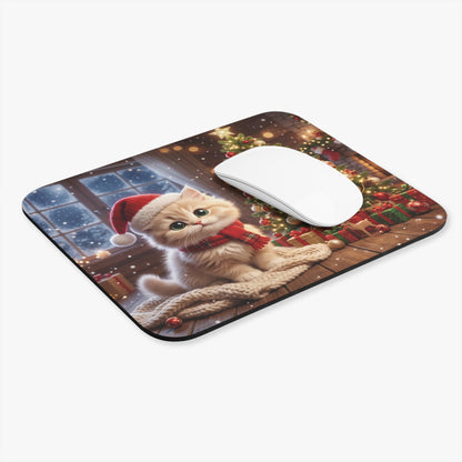 Christmas Kitten Mouse Pad — Cute Holiday Cat with Santa Hat & Decorated Tree