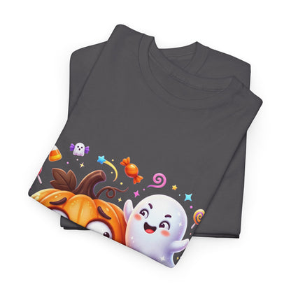 Cute Halloween Pumpkin & Ghost Tee — Scared Pumpkin Candy Graphic T-Shirt