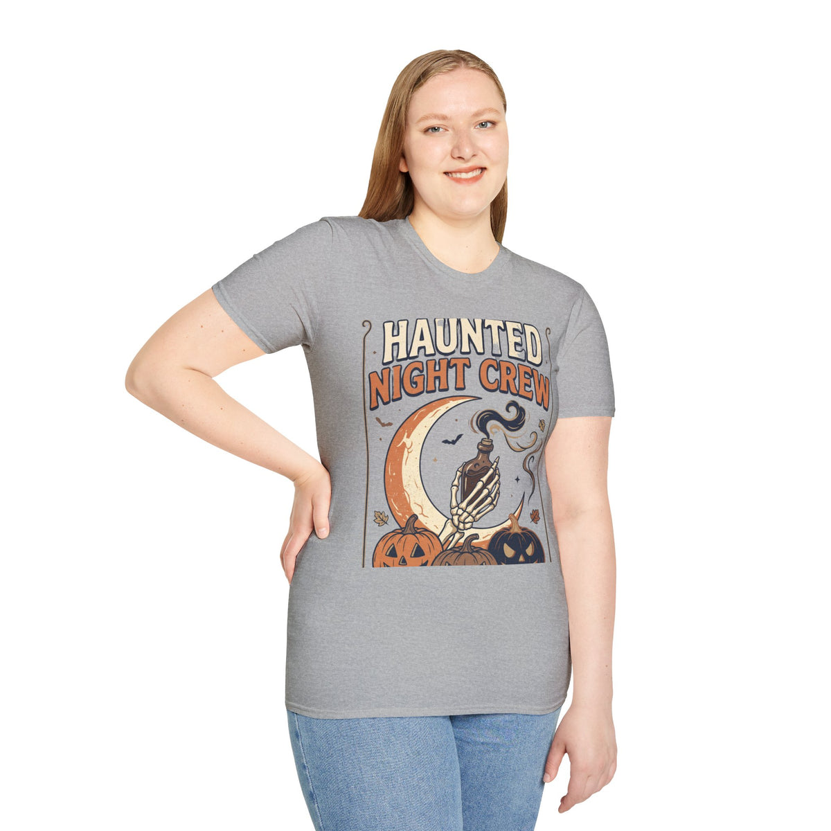 Haunted Night Crew T-Shirt — Retro Halloween Skeleton & Pumpkin Tee