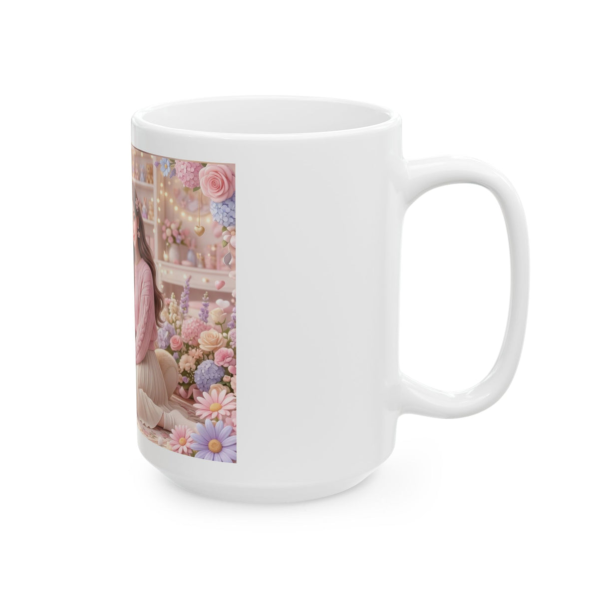 Cute Girl & Teddy Bear Floral Ceramic Mug (11oz, 15oz)