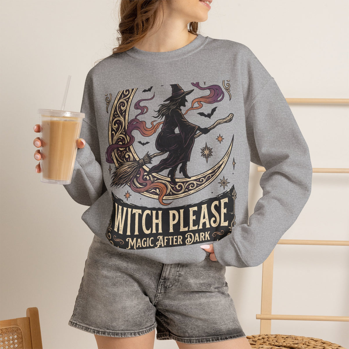 Witch Please Crewneck Sweatshirt — 'Magic After Dark' Witch Silhouette on Crescent Moon