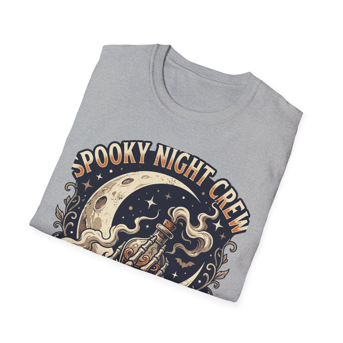 Spooky Night Crew T-Shirt — Vintage Halloween Moon & Skeleton Graphic