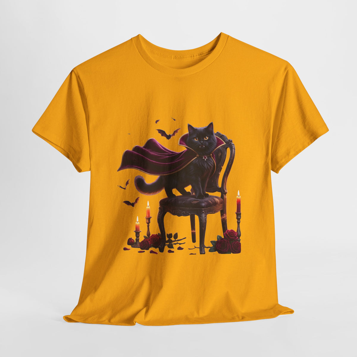Vampire Cat Tee — Gothic Black Cat with Cape & Candles T-Shirt