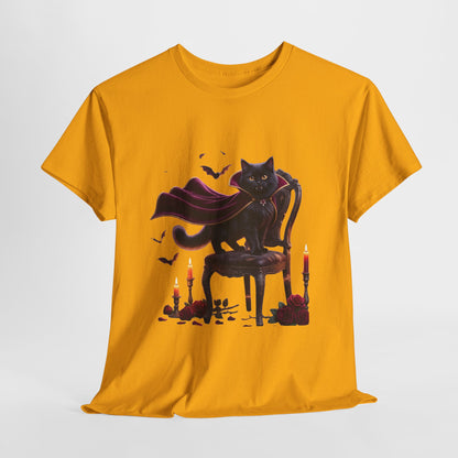 Vampire Cat Tee — Gothic Black Cat with Cape & Candles T-Shirt
