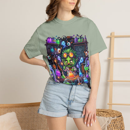 Mad Scientist Cat Lab T-Shirt — Neon Potion Halloween Tee