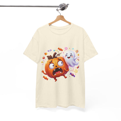 Cute Halloween Pumpkin & Ghost Tee — Scared Pumpkin Candy Graphic T-Shirt