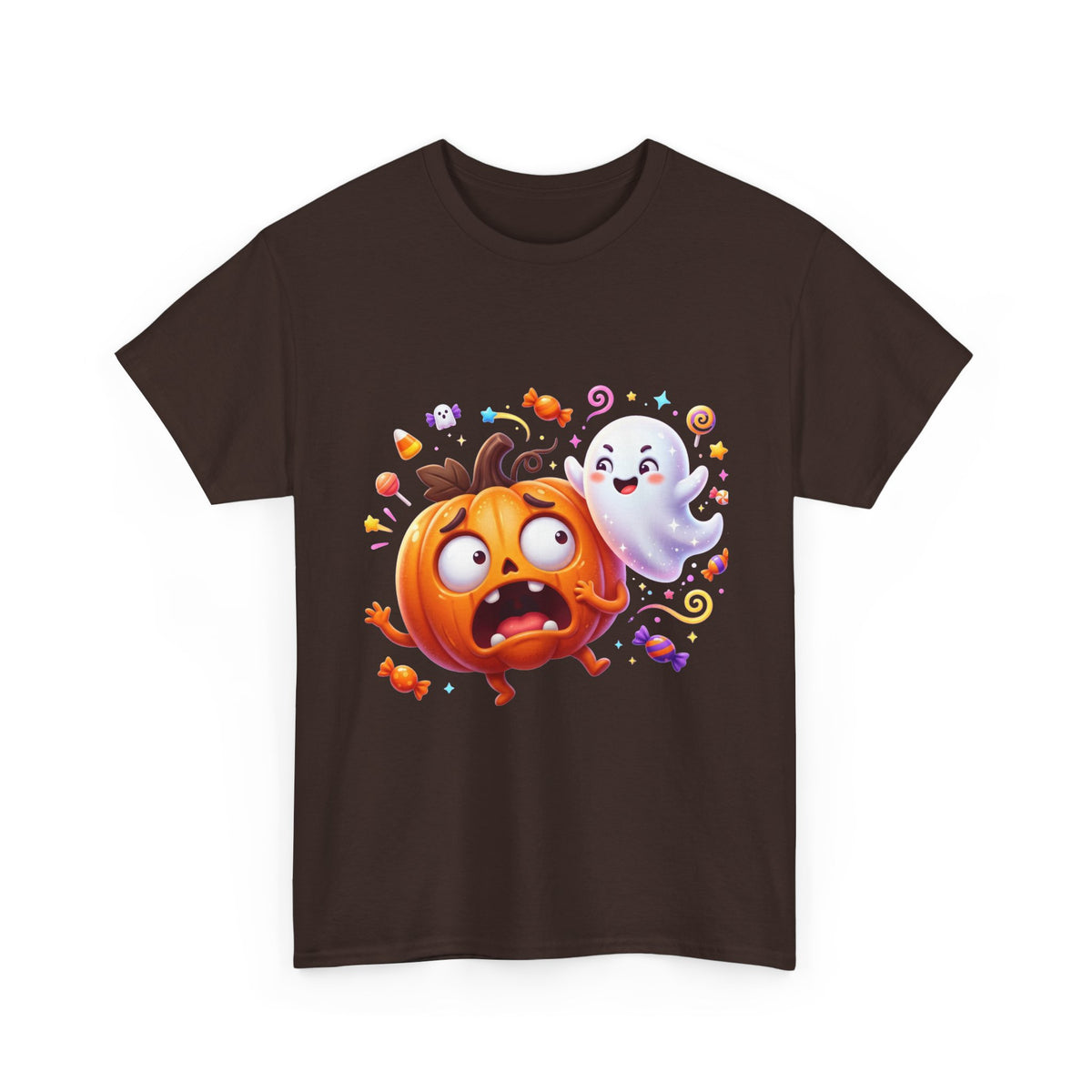 Cute Halloween Pumpkin & Ghost Tee — Scared Pumpkin Candy Graphic T-Shirt