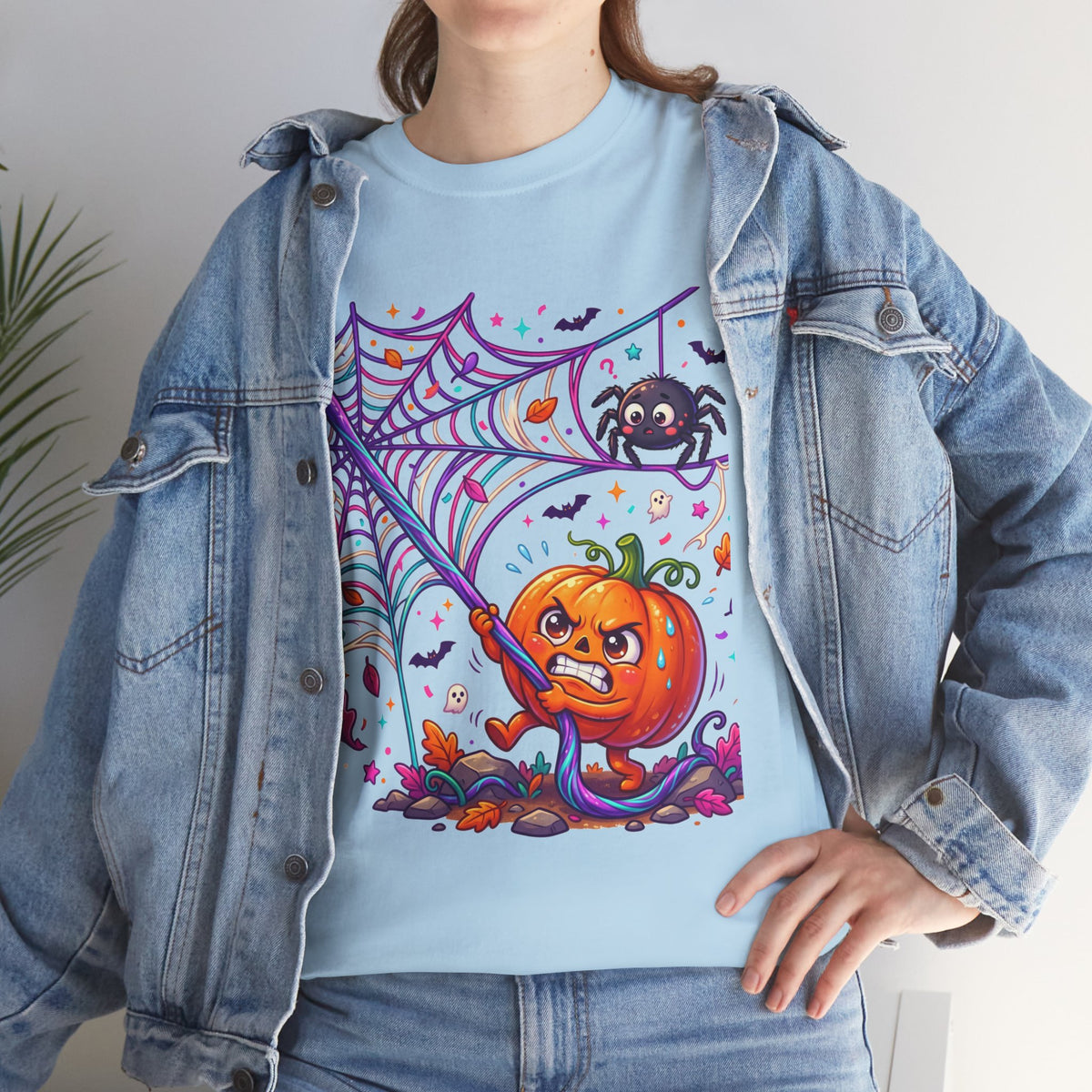 Pumpkin Spider Web Halloween T‑Shirt — Cute Spooky Pumpkin Cartoon Tee