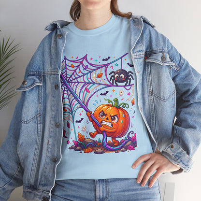Pumpkin Spider Web Halloween T‑Shirt — Cute Spooky Pumpkin Cartoon Tee