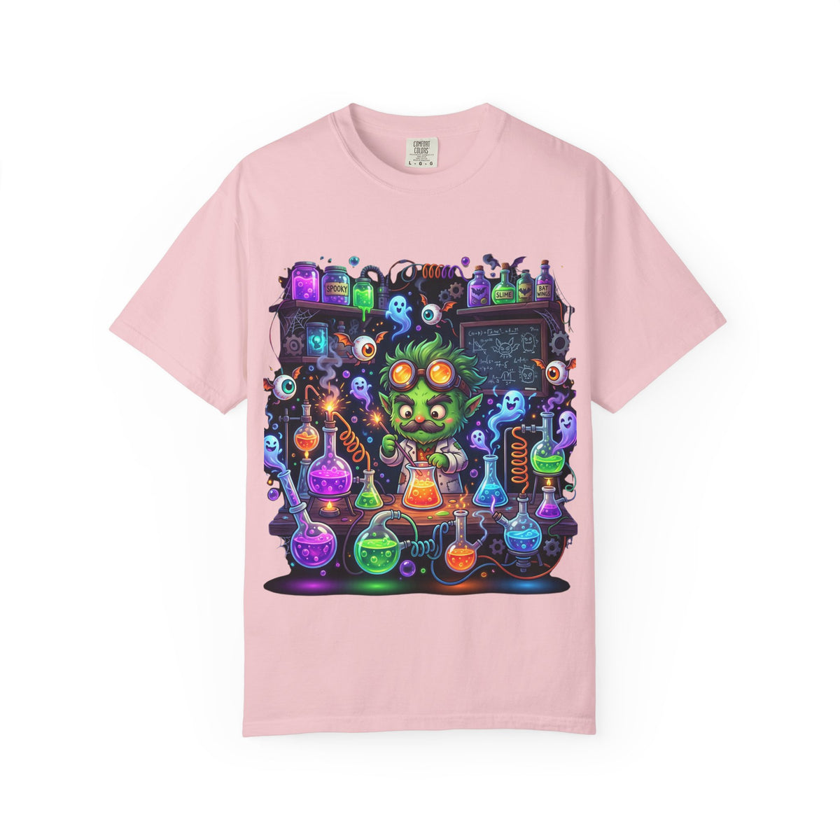 Mad Scientist Cat Lab T-Shirt — Neon Potion Halloween Tee