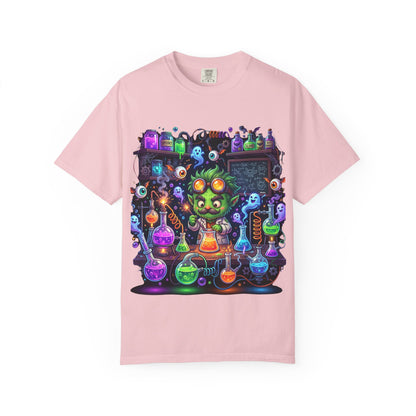 Mad Scientist Cat Lab T-Shirt — Neon Potion Halloween Tee