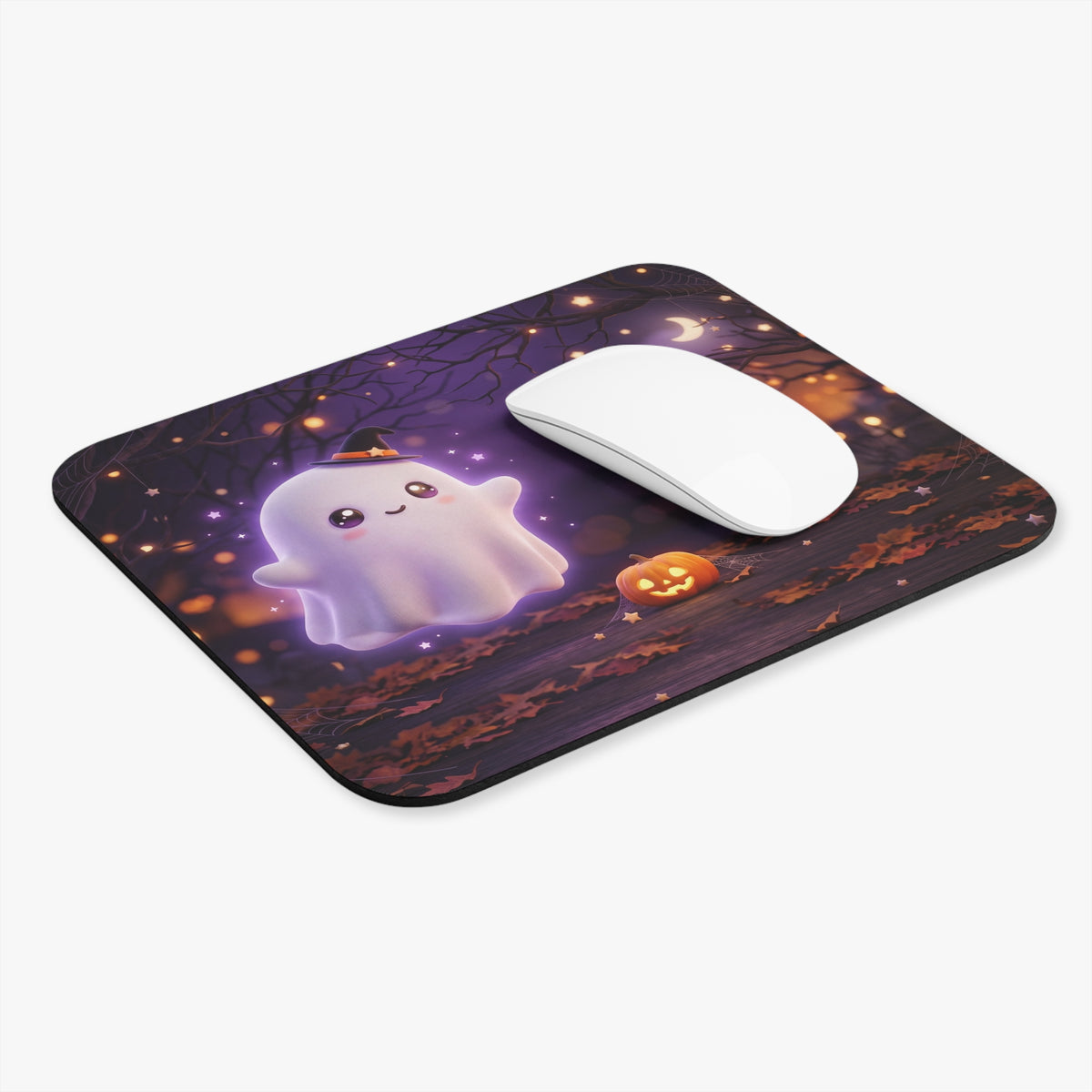 Cute Halloween Ghost Mouse Pad — Kawaii Spooky Night Desk Mat with Pumpkin