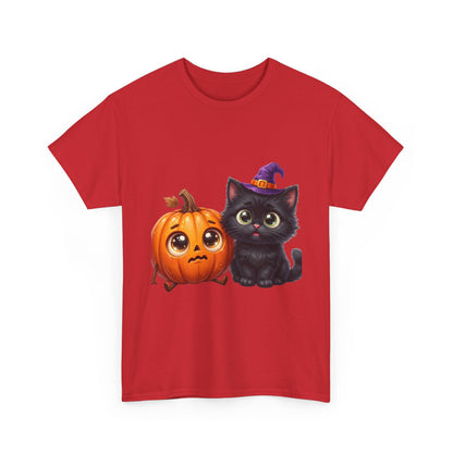 Halloween Black Cat & Pumpkin T‑Shirt — Cute Witch Hat Kitty Fall Tee