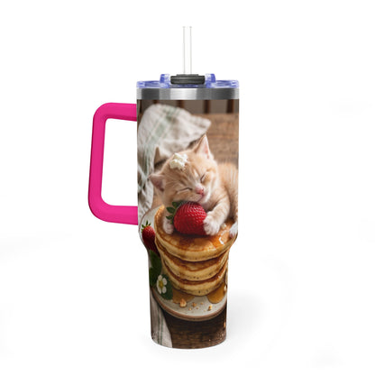 40oz Cat Pancake Thermal Tumbler with Straw