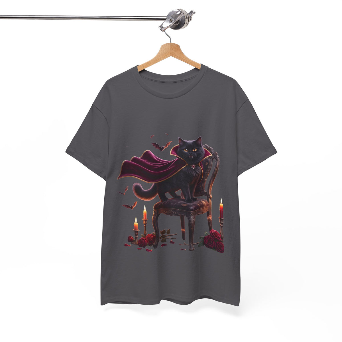 Vampire Cat Tee — Gothic Black Cat with Cape & Candles T-Shirt