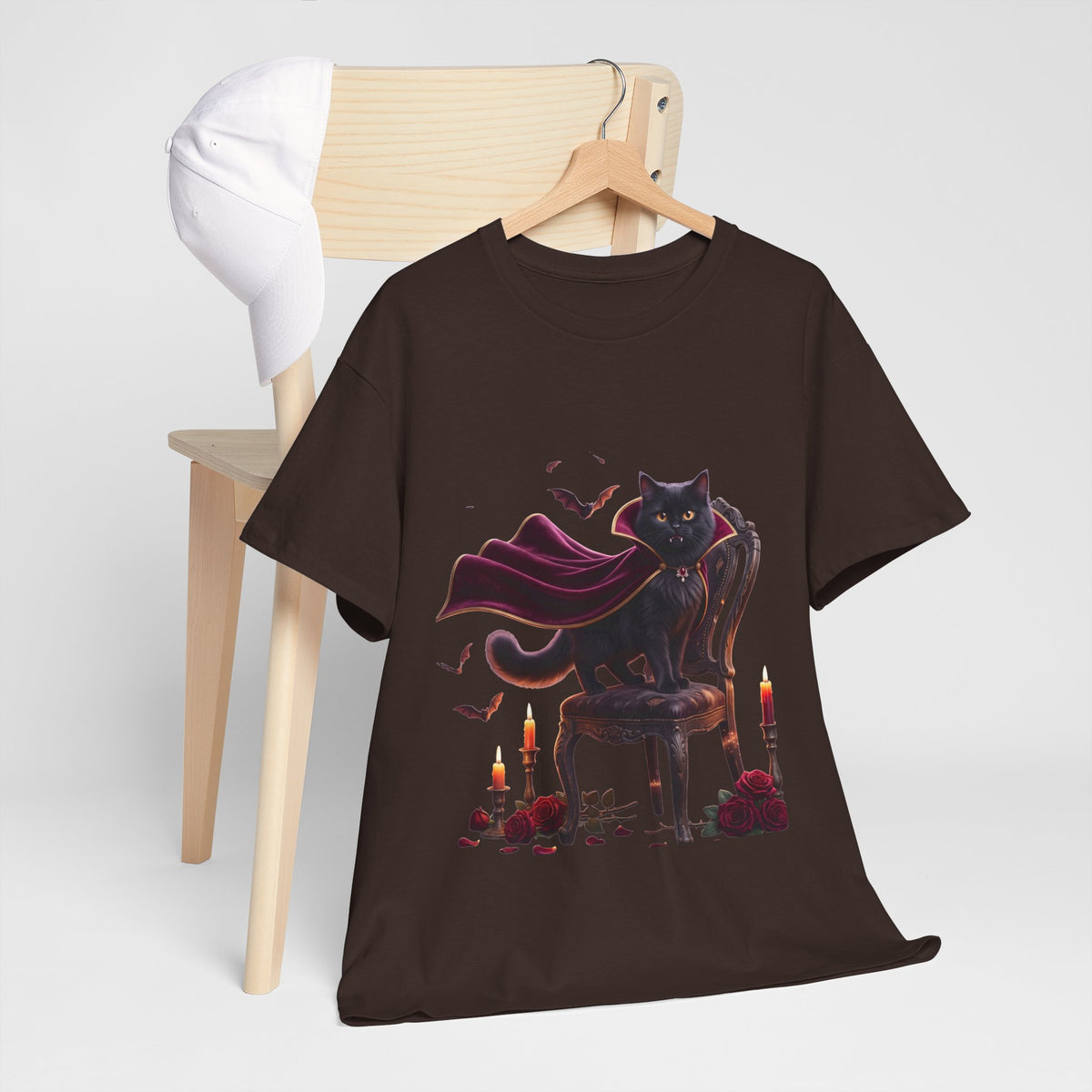 Vampire Cat Tee — Gothic Black Cat with Cape & Candles T-Shirt