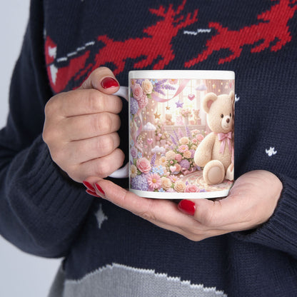 Cute Girl & Teddy Bear Floral Ceramic Mug (11oz, 15oz)