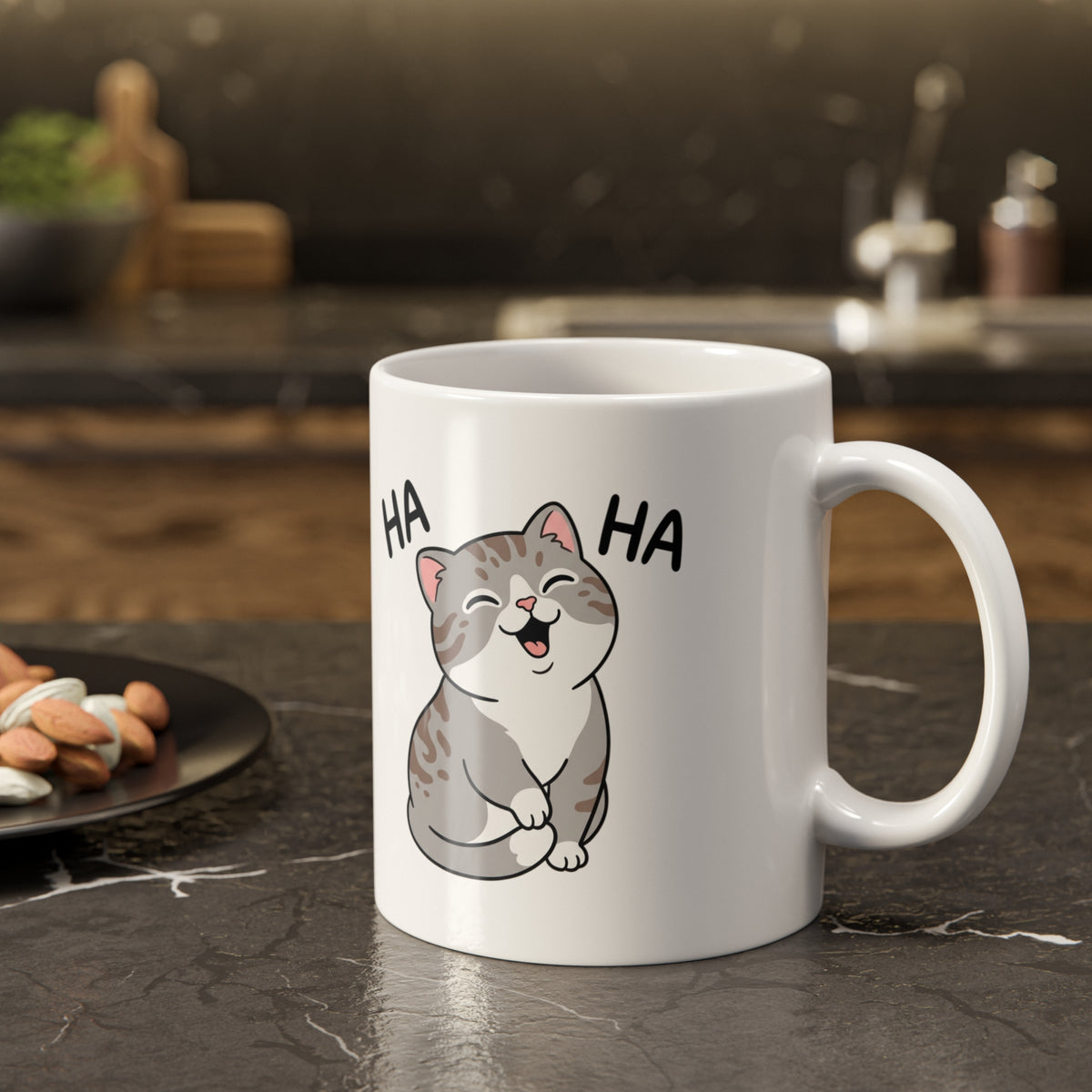 Laughing Cat Mug — Cute Grey Kitten 'HA HA' Ceramic Coffee Cup, Funny Cat Lover Gift
