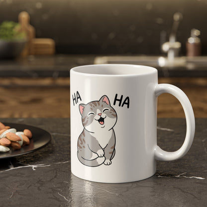 Laughing Cat Mug — Cute Grey Kitten 'HA HA' Ceramic Coffee Cup, Funny Cat Lover Gift