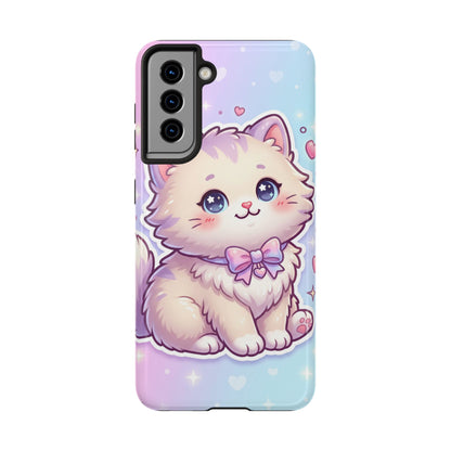 Cute Pastel Kawaii Kitten Tough Phone Case — Cute Cat with Bow Protective Cover