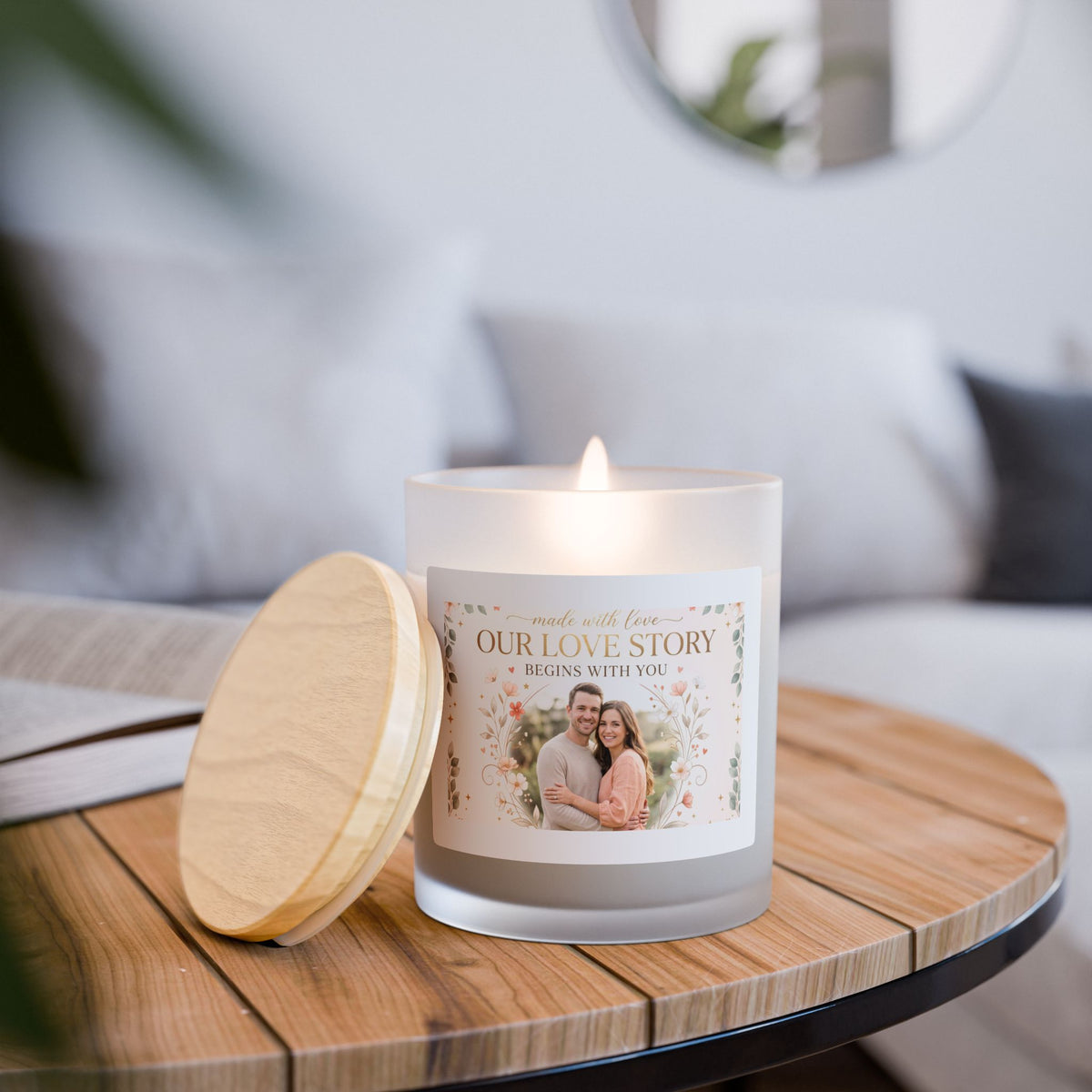 Our Love Story Personalized Frosted Glass Candle – 11oz Romantic Photo Candle