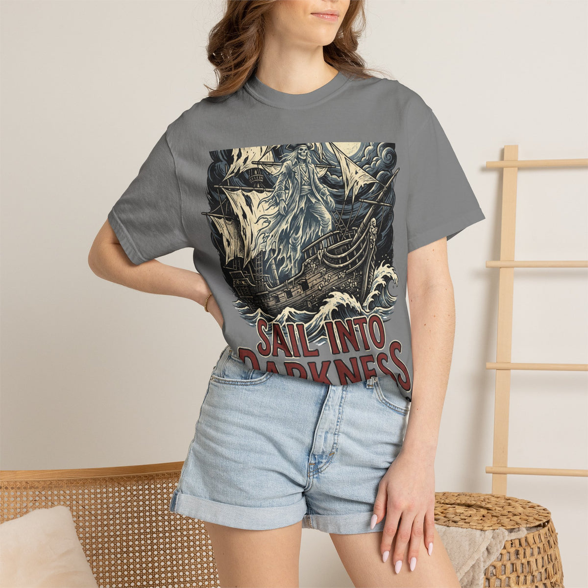 Sail Into Darkness Graphic T-Shirt — Gothic Pirate Skull Crew Tee